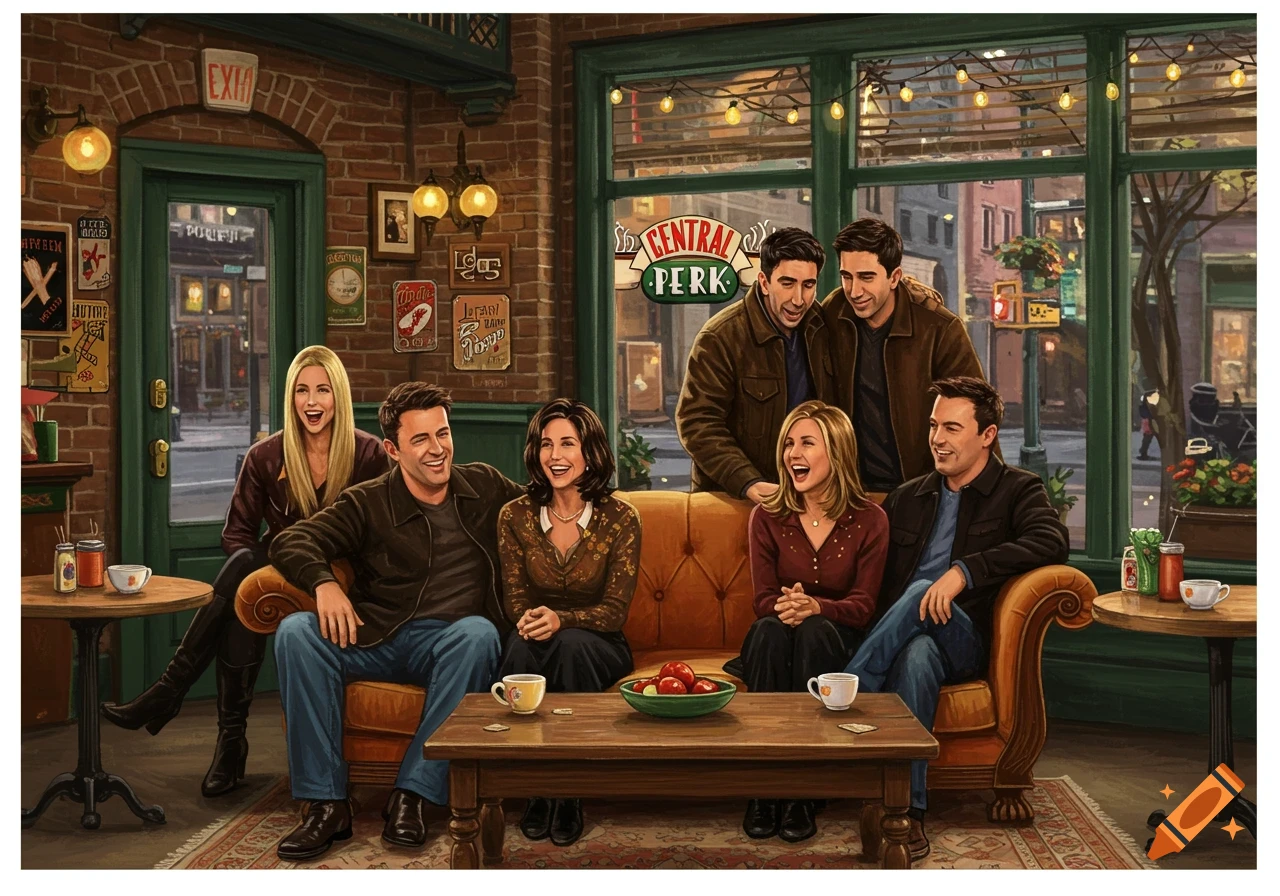 An illustration of the six main Friends characters laughing and relaxing on a large orange couch in the Central Perk coffee shop.