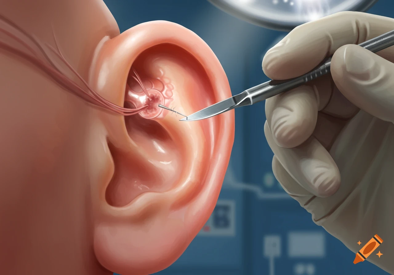Medical illustration of a gloved hand performing a myringotomy on an ear with a scalpel.