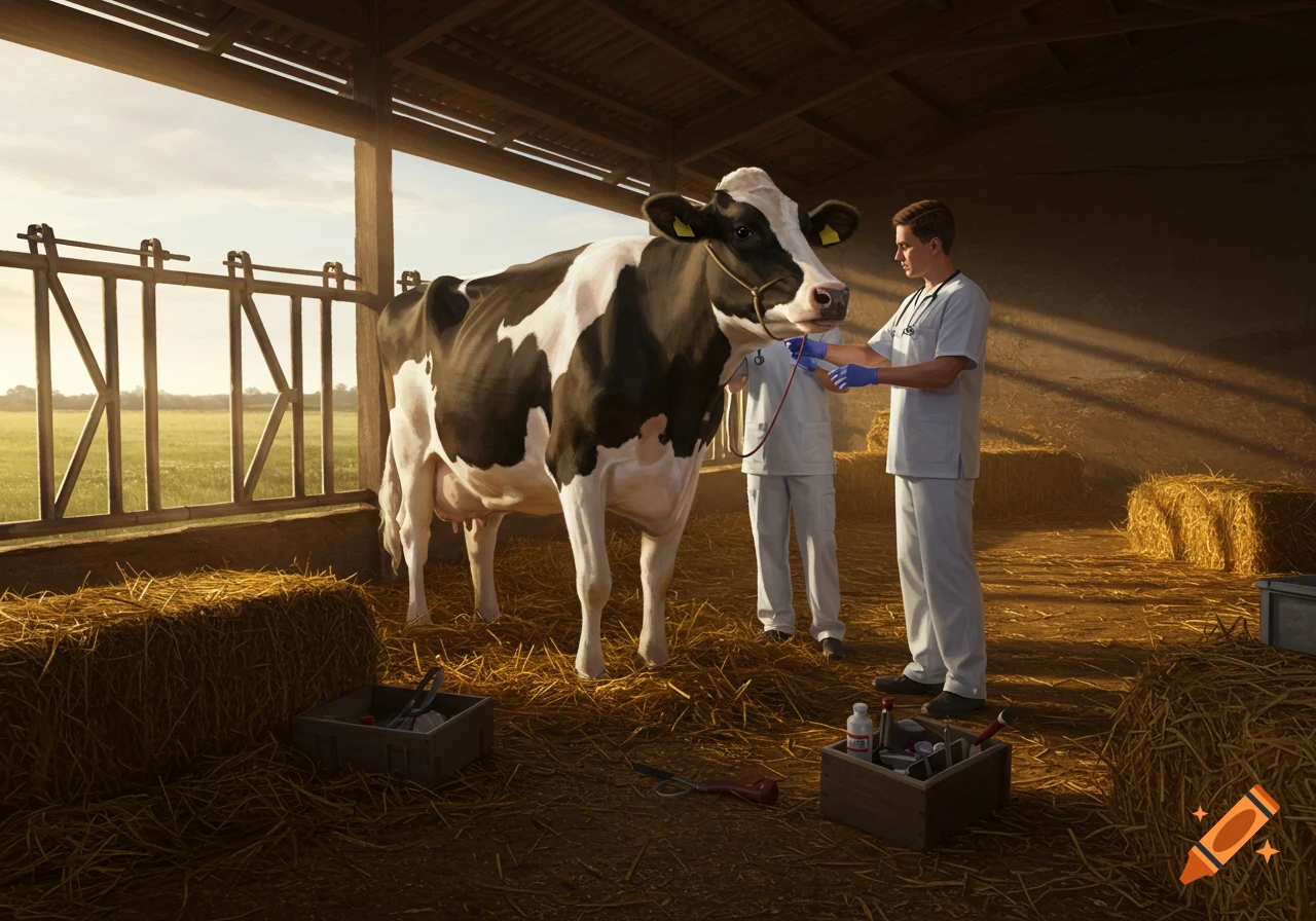 A photorealistic image of a black and white cow being examined by a veterinarian in a barn filled with hay.