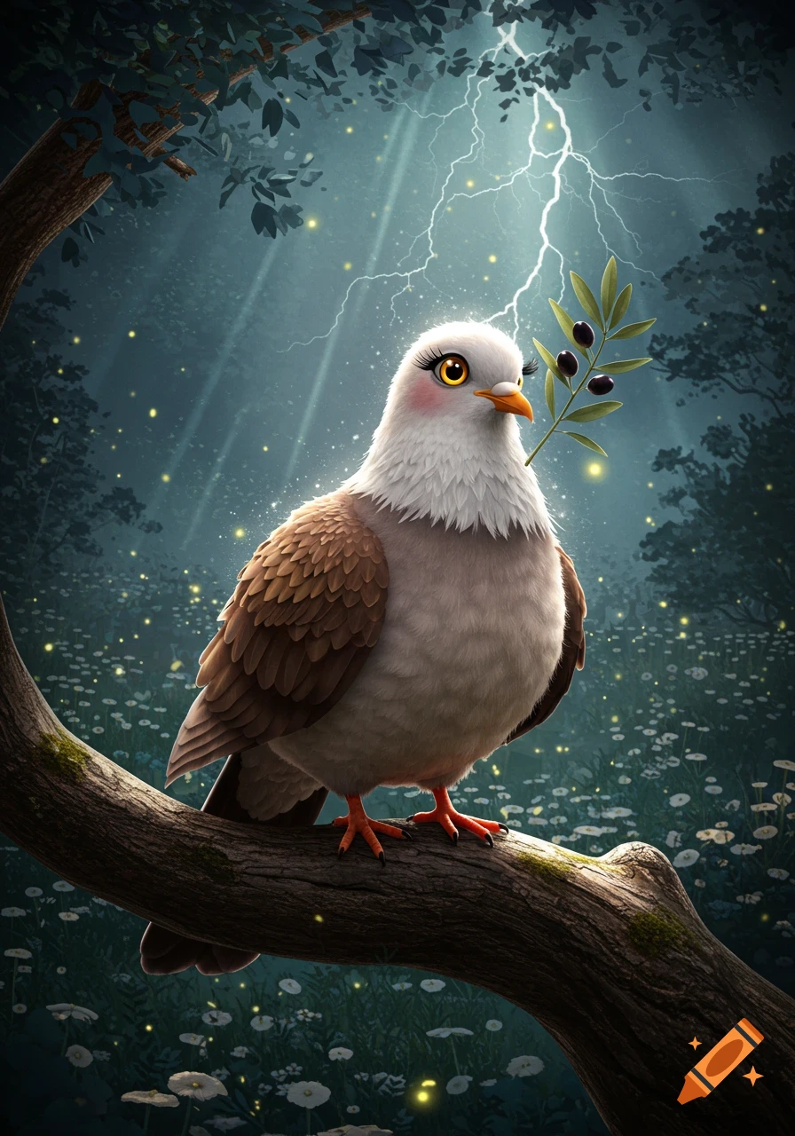 A fluffy dove with long eyelashes holds an olive branch, perched on a mossy tree branch in a dark, enchanted forest with glowing wildflowers, as lightning strikes in the night sky.