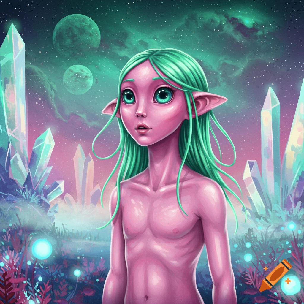 A vibrant illustration of a pink-skinned alien with green hair and large eyes, standing in an otherworldly landscape with glowing crystals and planets in the background.