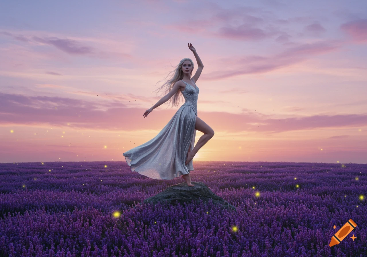 A woman with long blonde hair in a shimmering silver dress dances on a rock in a purple lavender field at sunset, with fireflies glowing.