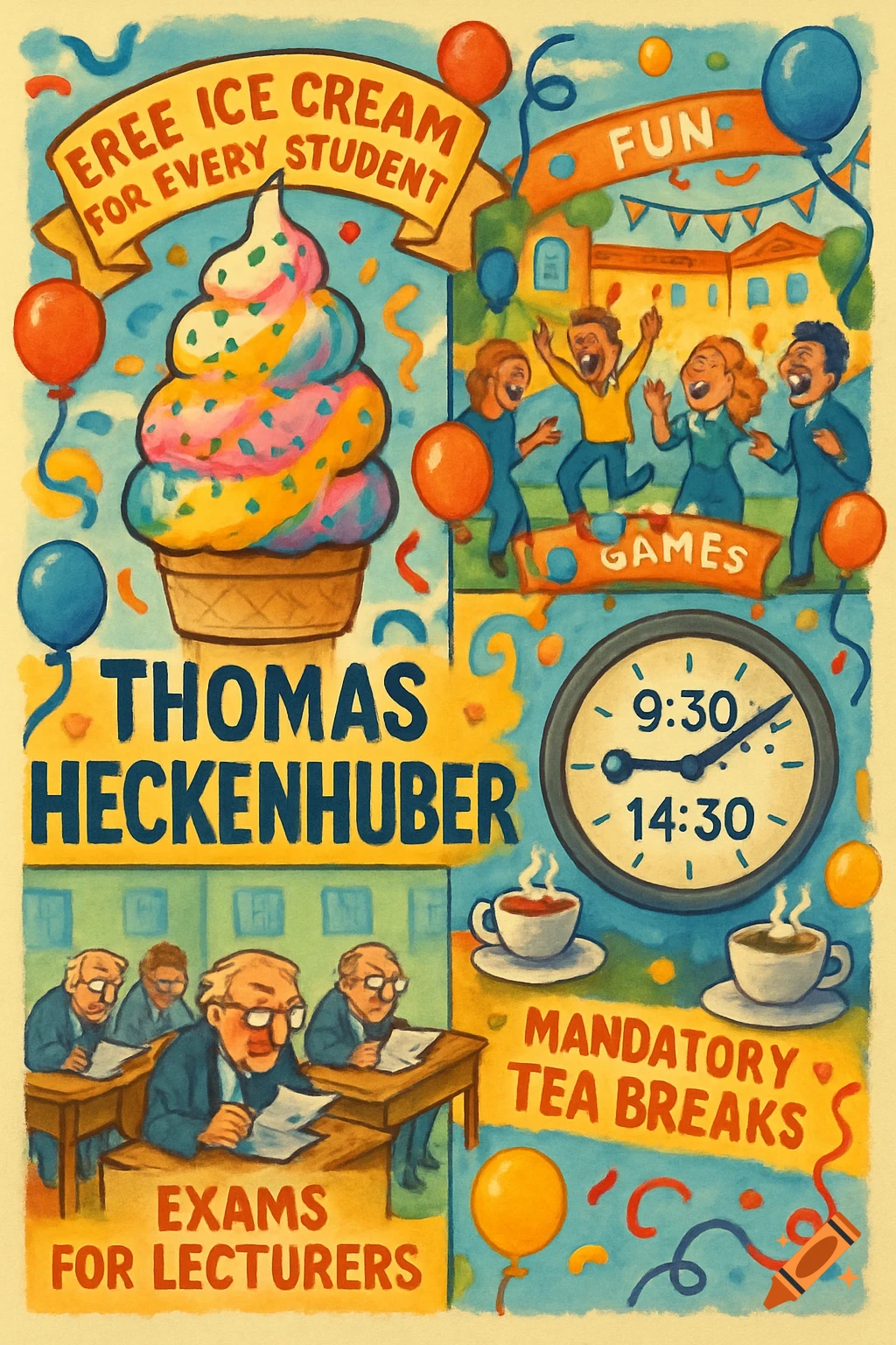 A colorful, whimsical illustration showing various scenes related to a university: a large ice cream cone with 'EREE ICE CREAM FOR EVERY STUDENT' banner, students jumping and celebrating under a 'FUN' banner, professors taking 'EXAMS FOR LECTURERS', and a clock showing 'MANDATORY TEA BREAKS' at 9:30 and 14:30.