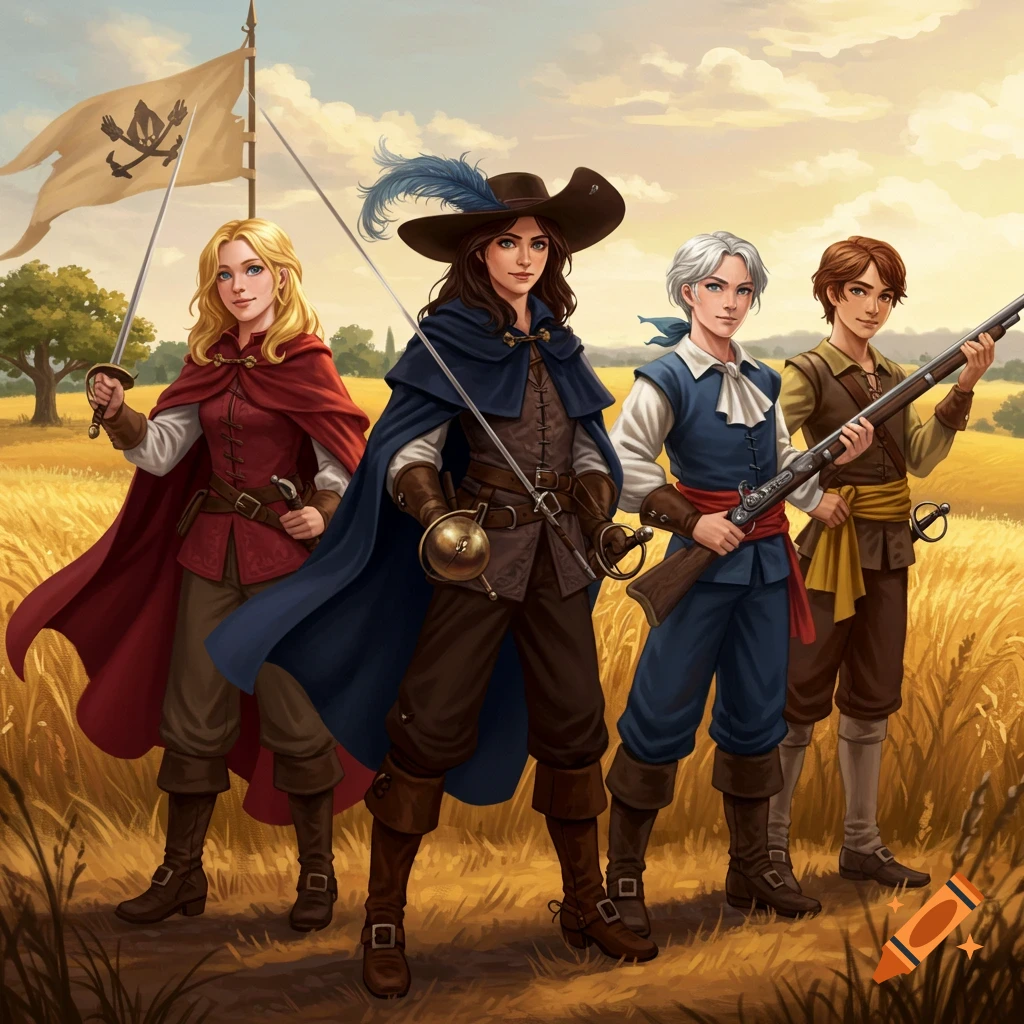 Four young musketeers with swords and a rifle stand in a golden field, a pirate flag fluttering nearby.