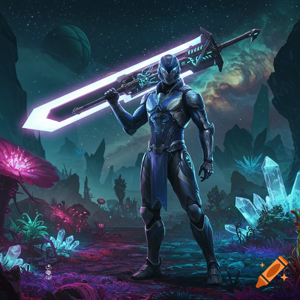 A sci-fi hero in blue and black armor holds a large glowing sword over their shoulder in a vibrant alien landscape with glowing plants and crystals.