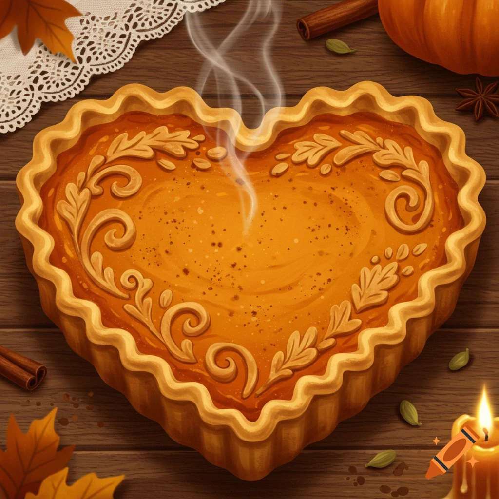 Steaming heart-shaped pumpkin pie with pastry decoration on a wooden table, surrounded by autumn leaves, cinnamon, pumpkin, and a lit candle.