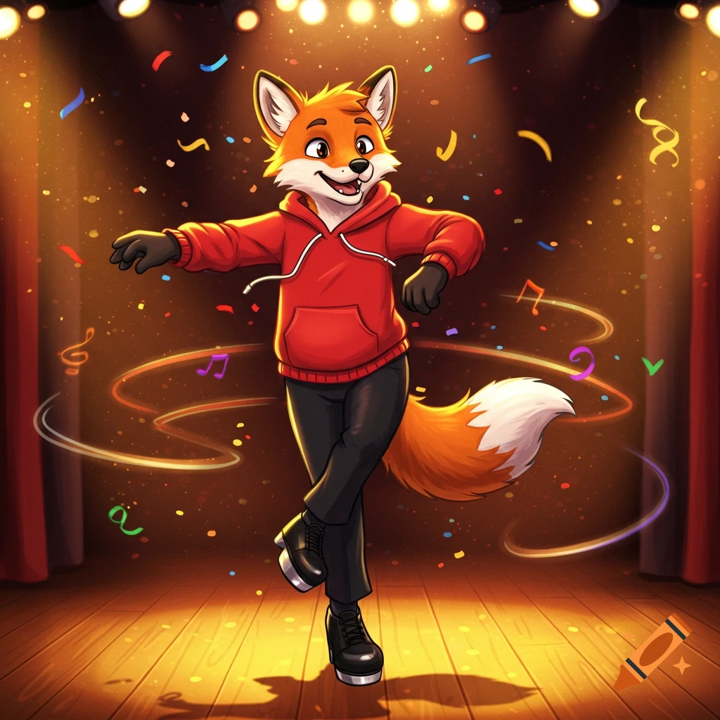 An anthropomorphic cartoon fox in a red hoodie and black pants tap dances on a spotlighted stage, surrounded by confetti and musical notes.