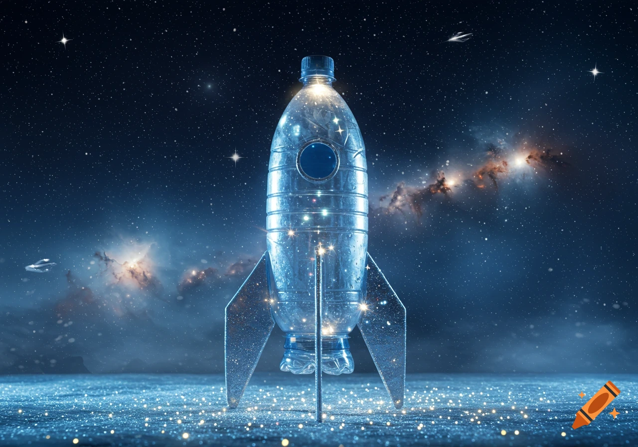 A translucent plastic bottle rocket with fins stands on a sparkly surface under a starry night sky with nebulae.