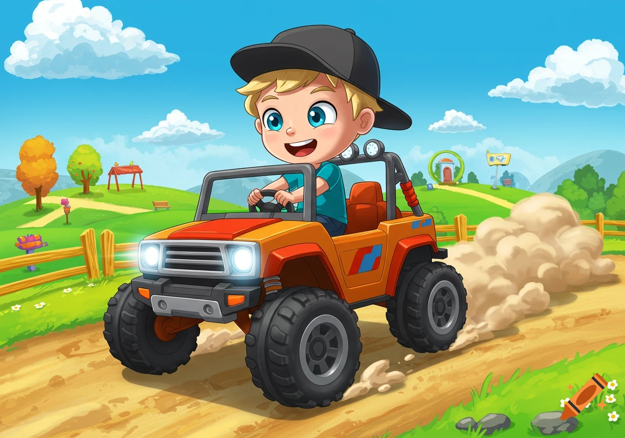 Cartoon boy with blonde hair and a black cap driving an orange toy jeep on a dirt road, kicking up dust.