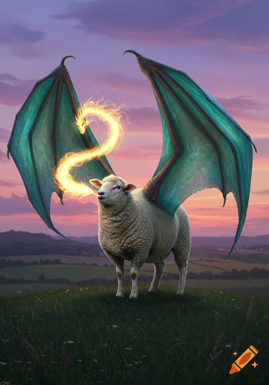 A fluffy white sheep with large teal dragon wings breathes a glowing orange fire dragon into a sunset sky over green hills.