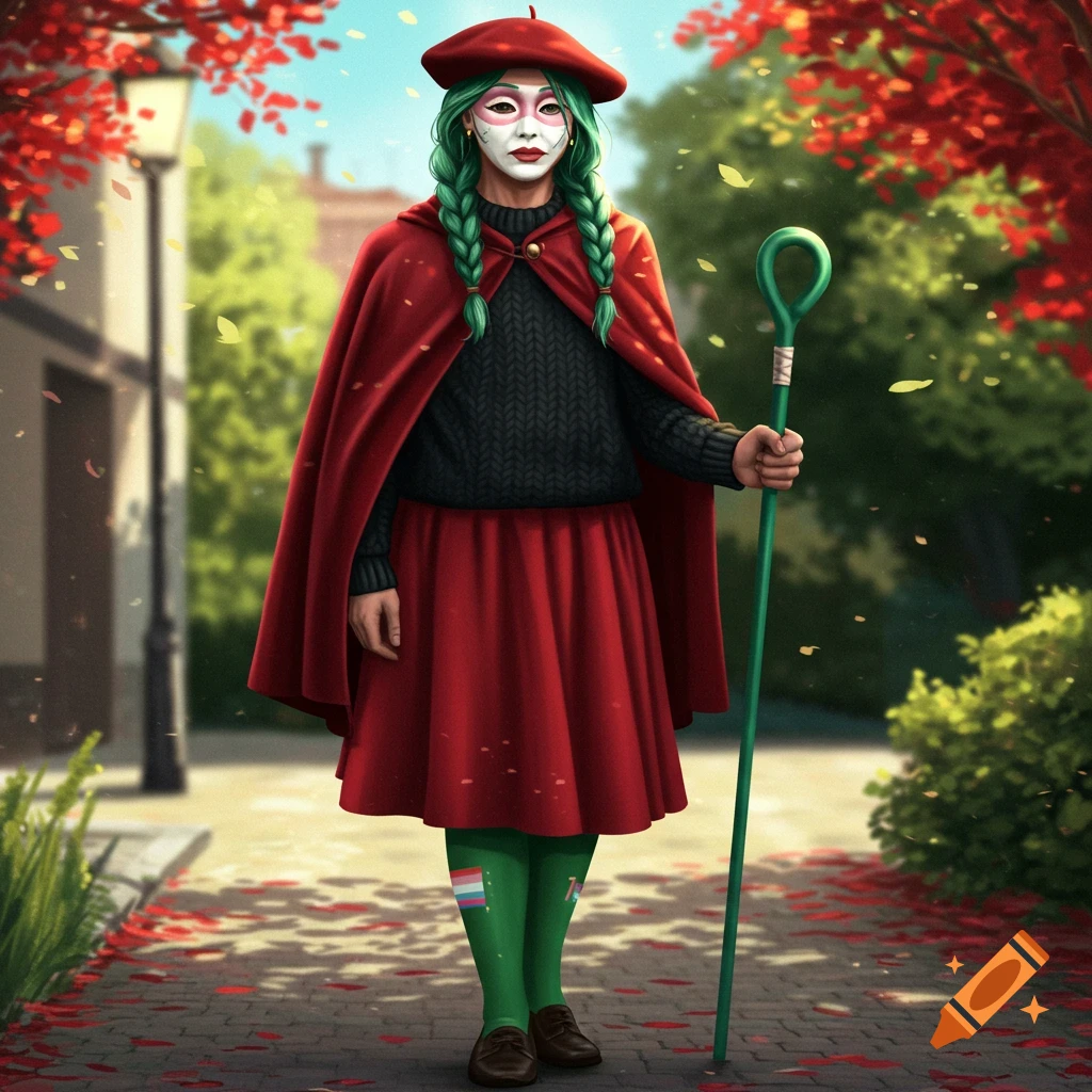 A person with green braided hair and a white mask wears a red beret, red cape, black sweater, red skirt, green tights with a trans flag symbol, and holds a green staff on a leafy path.
