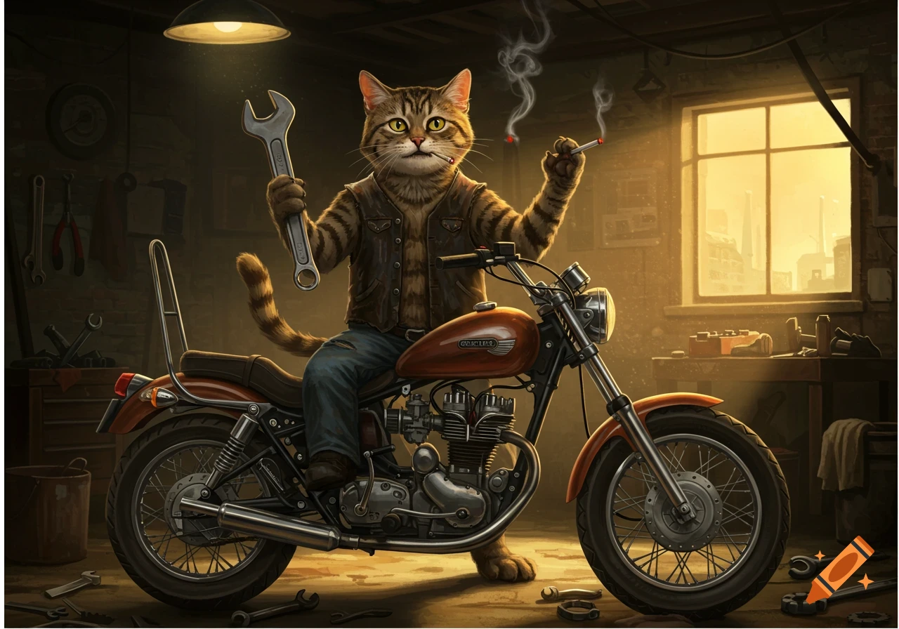 An anthropomorphic tabby cat wearing a leather vest and jeans sits on a motorcycle in a garage, holding a wrench and a lit cigarette.