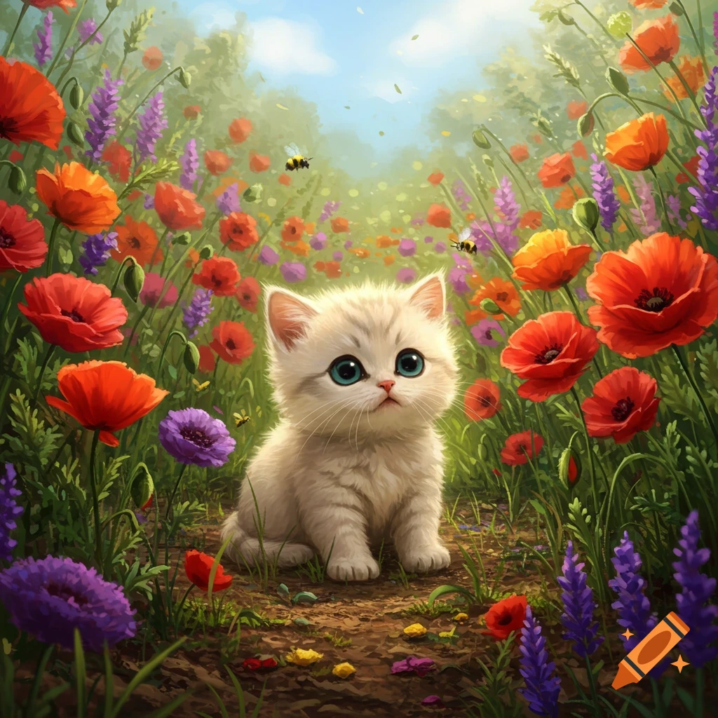 A cute fluffy white kitten with big blue eyes sits among vibrant red, orange, and purple flowers with bees flying around, in an illustrative style.