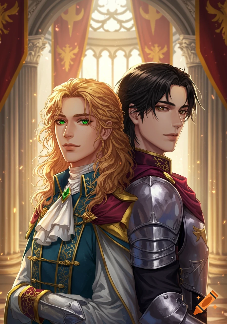 Anime-style portrait of two men, one blond with green eyes in blue royal clothing, one dark-haired in dark armor, standing back to back in a regal hall.