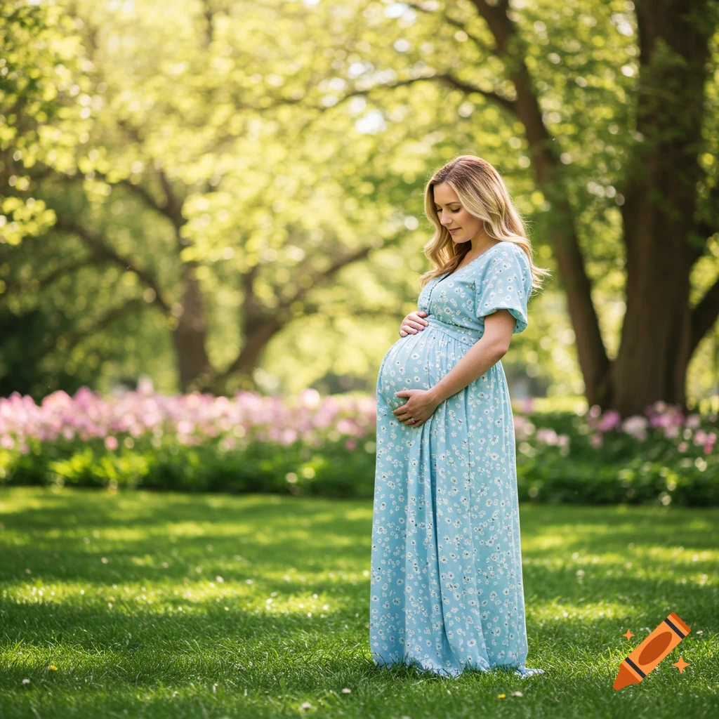 A smiling pregnant woman in a blue floral dress gently cradles her belly in a sunlit park with green grass and pink flowers.