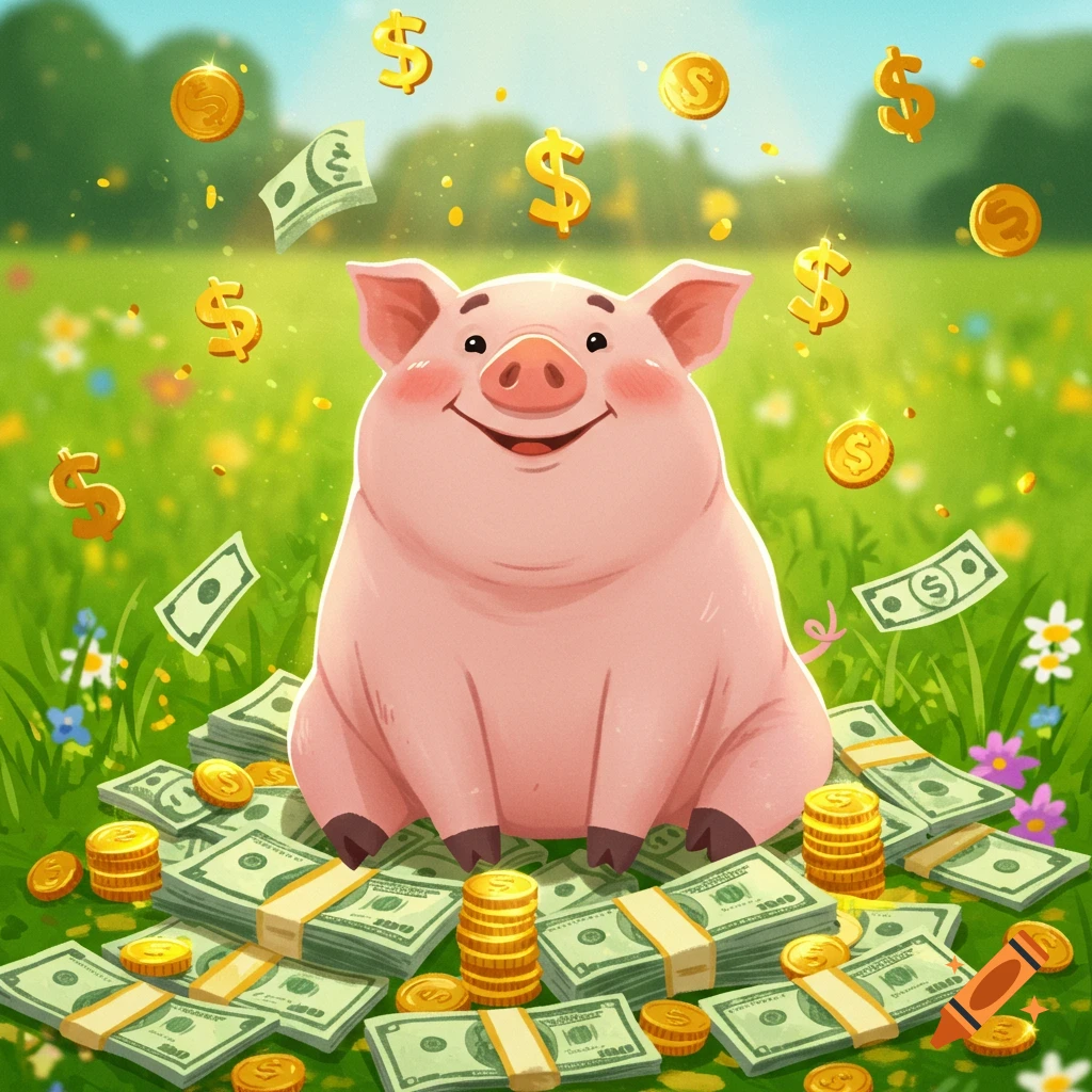 A happy cartoon pig sits on a pile of money, with dollar signs and coins raining down in a green field under a blue sky.