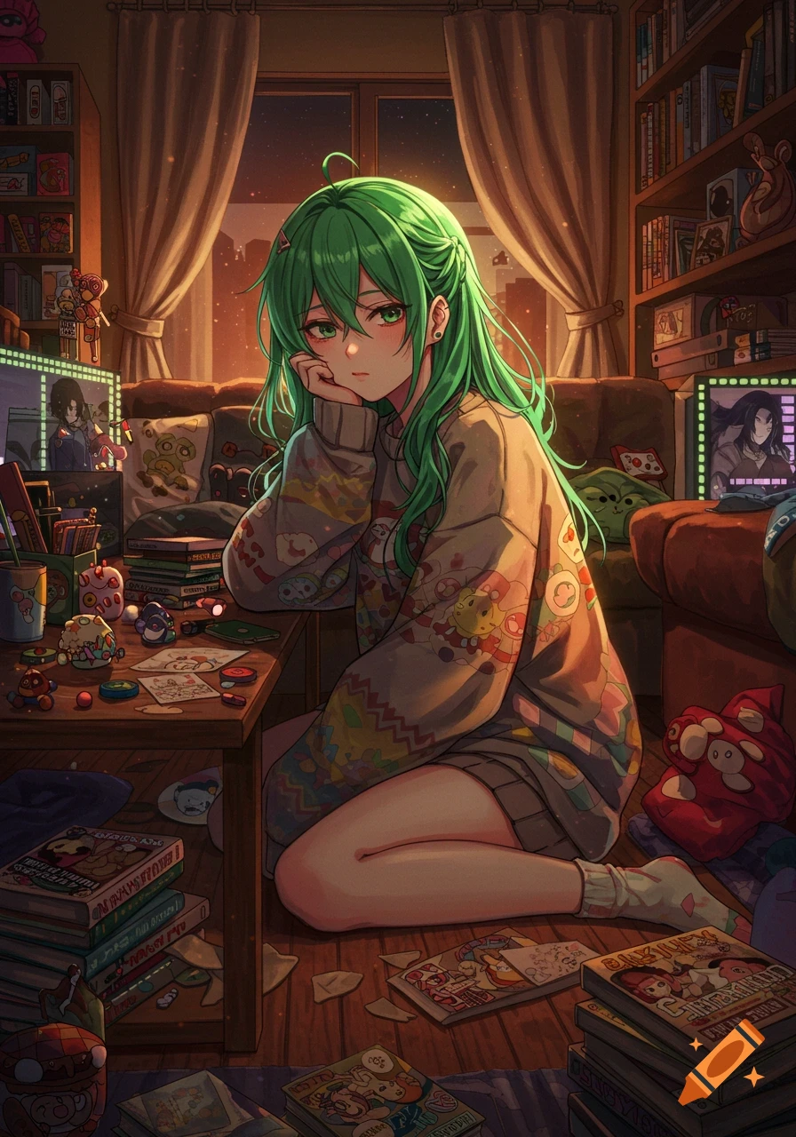 An anime girl with long green hair and a cozy sweater sits on the floor in a messy, cluttered room filled with books and trinkets, bathed in warm sunset light.