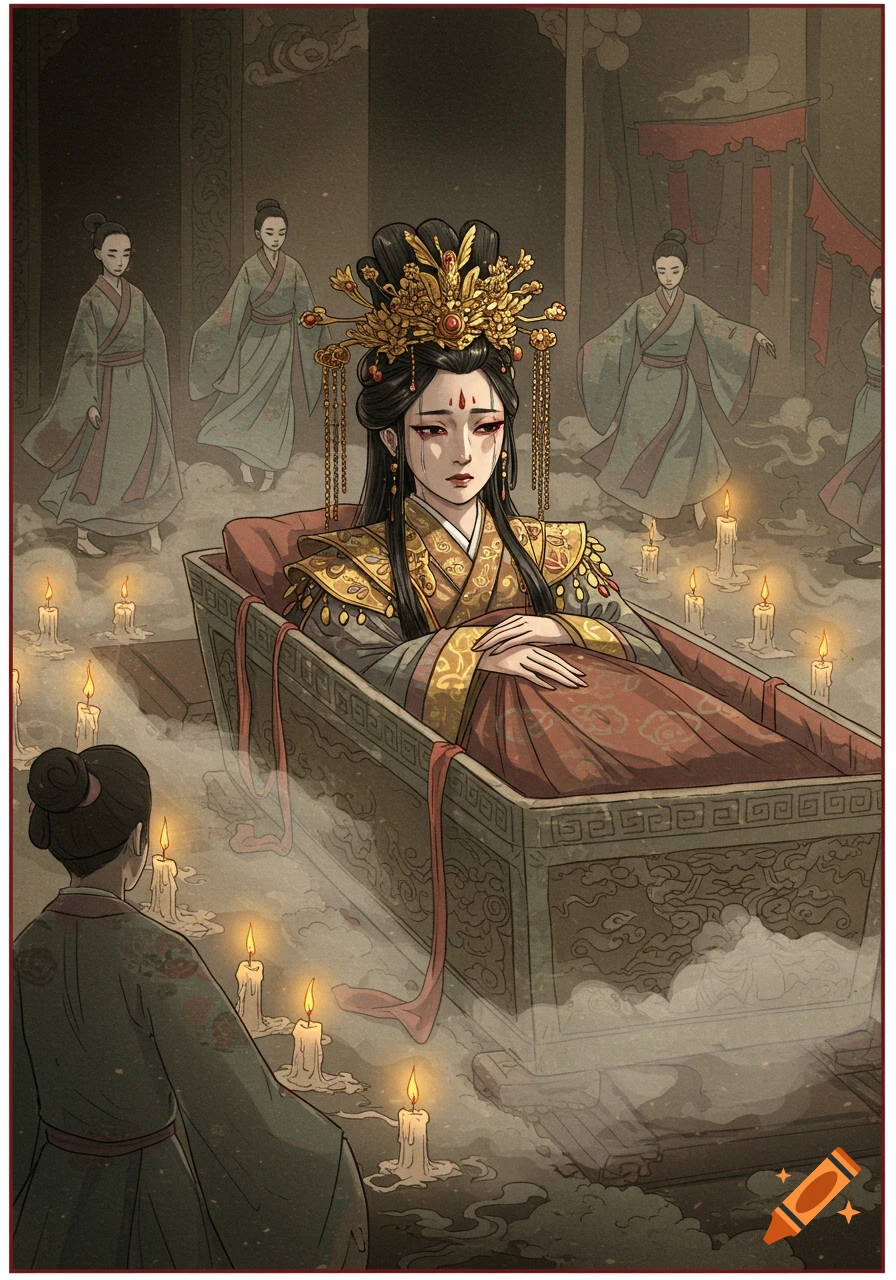 Hand-drawn illustration of a woman in a phoenix crown lying in an ancient Chinese coffin, surrounded by candles, fog, and robed figures.