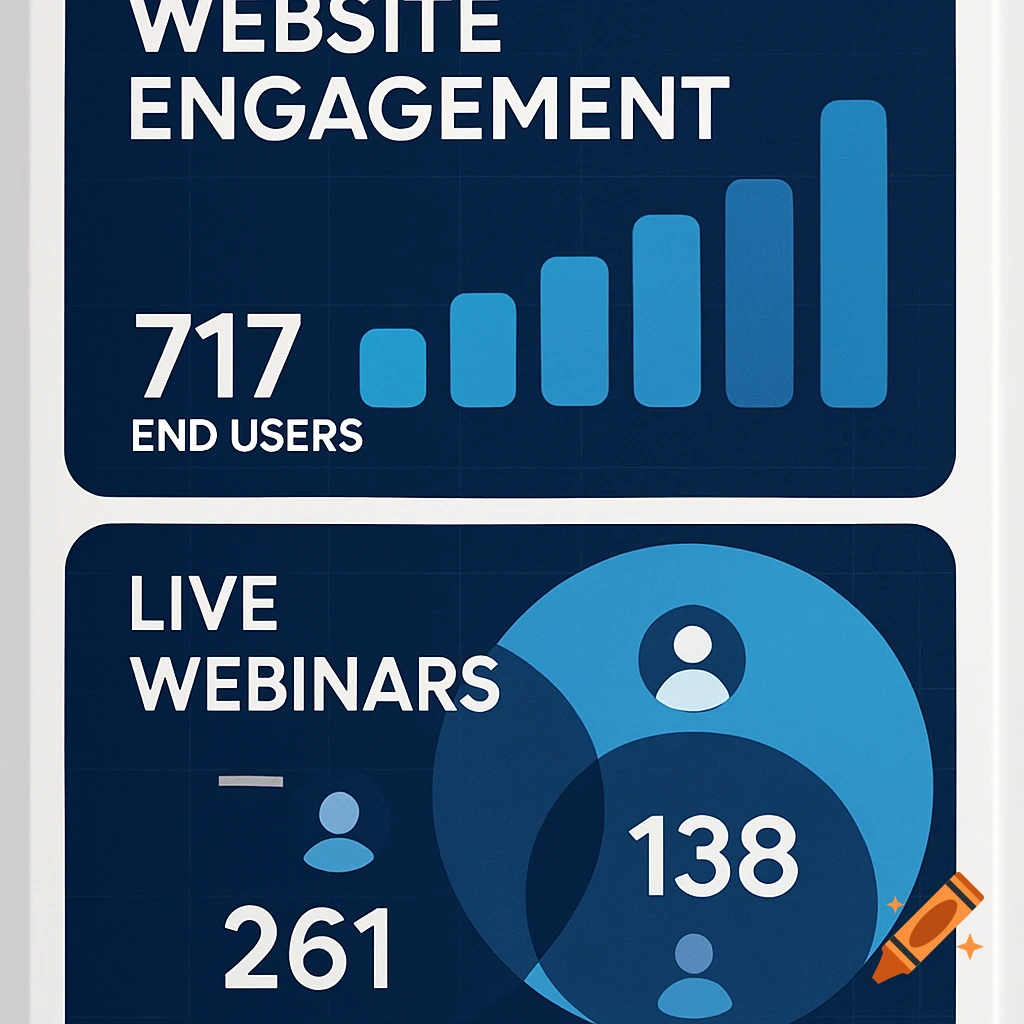 Infographic displaying website engagement with 717 end users and live webinar participation split into 261 and 138 participants.
