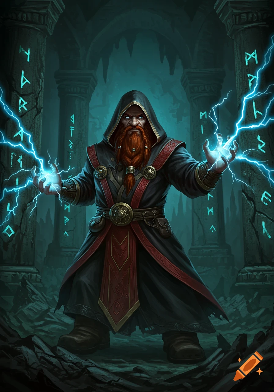 A hooded dwarf wizard with a red beard casts blue lightning spells in a dark, ruinous dungeon with glowing runes.