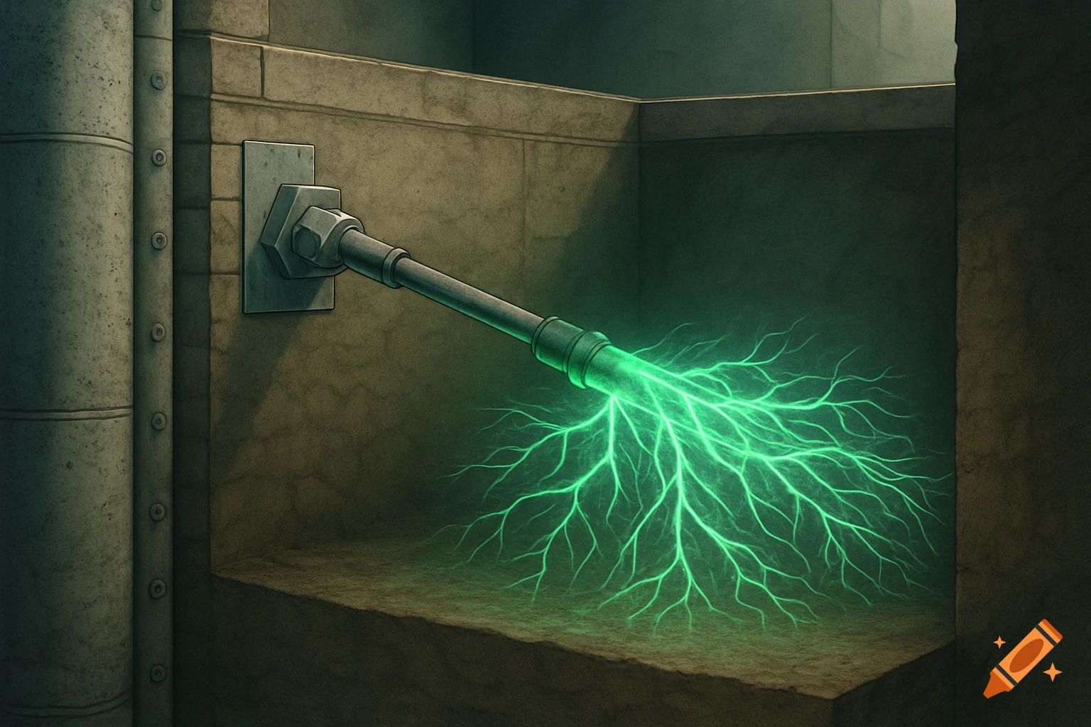 A metal pipe connected to a concrete wall emits glowing green root-like energy, illuminating the dusty floor in a dimly lit industrial setting.
