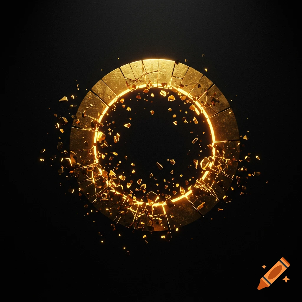 A glowing, shattered golden ring with many small fragments exploding outwards against a dark black background.