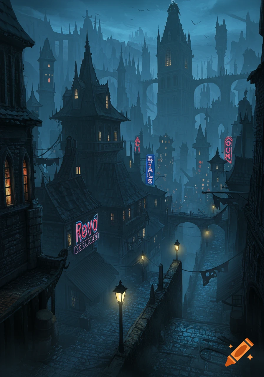 A dark, intricate gothic cityscape at night with tall, shadowy buildings, glowing neon signs, and cobblestone streets under a moonlit sky.