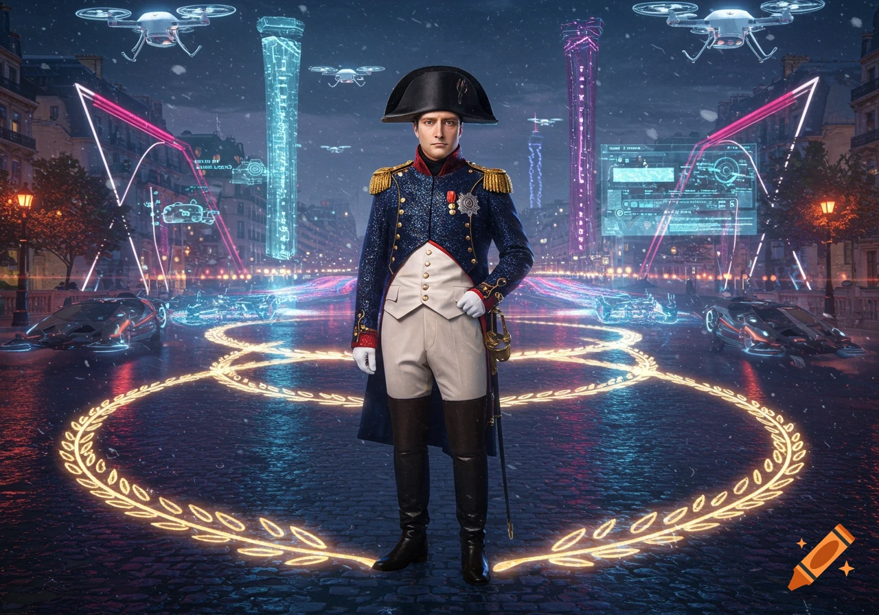 Napoleon in uniform and bicorne hat stands on a futuristic city street with glowing rings, flying cars, drones, and holographic displays.