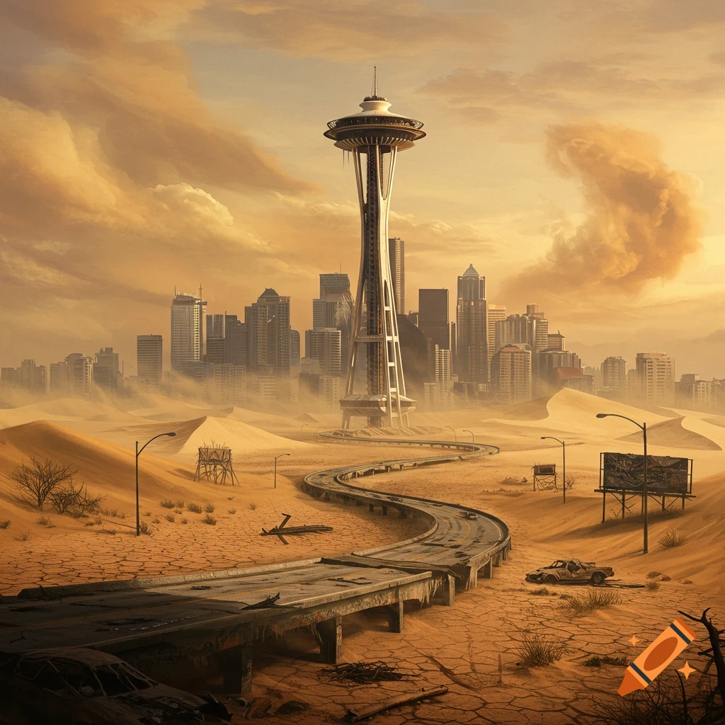 The Seattle Space Needle and city skyline rise from a vast, post-apocalyptic desert wasteland with a ruined, cracked highway.