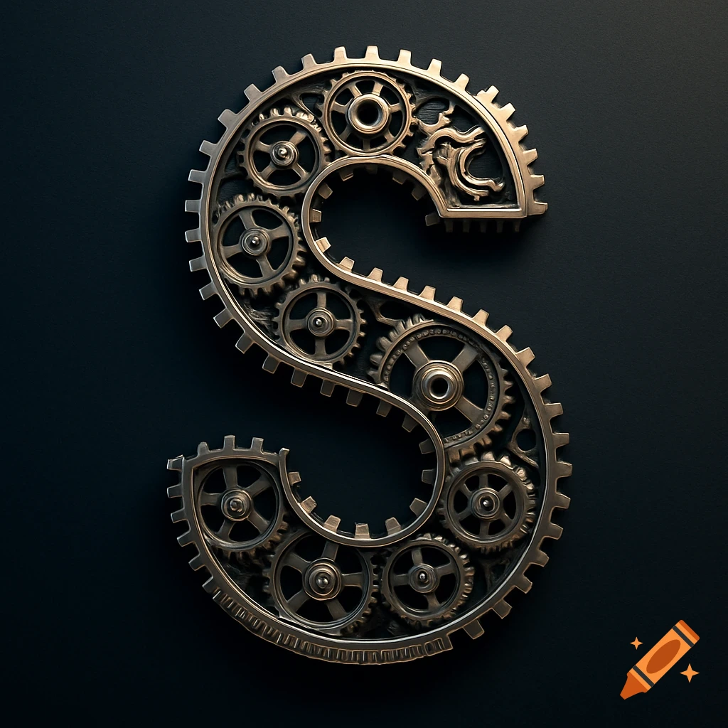 A large, metallic letter 'S' intricately constructed from numerous interconnected gears and a winding belt system, set against a dark background.