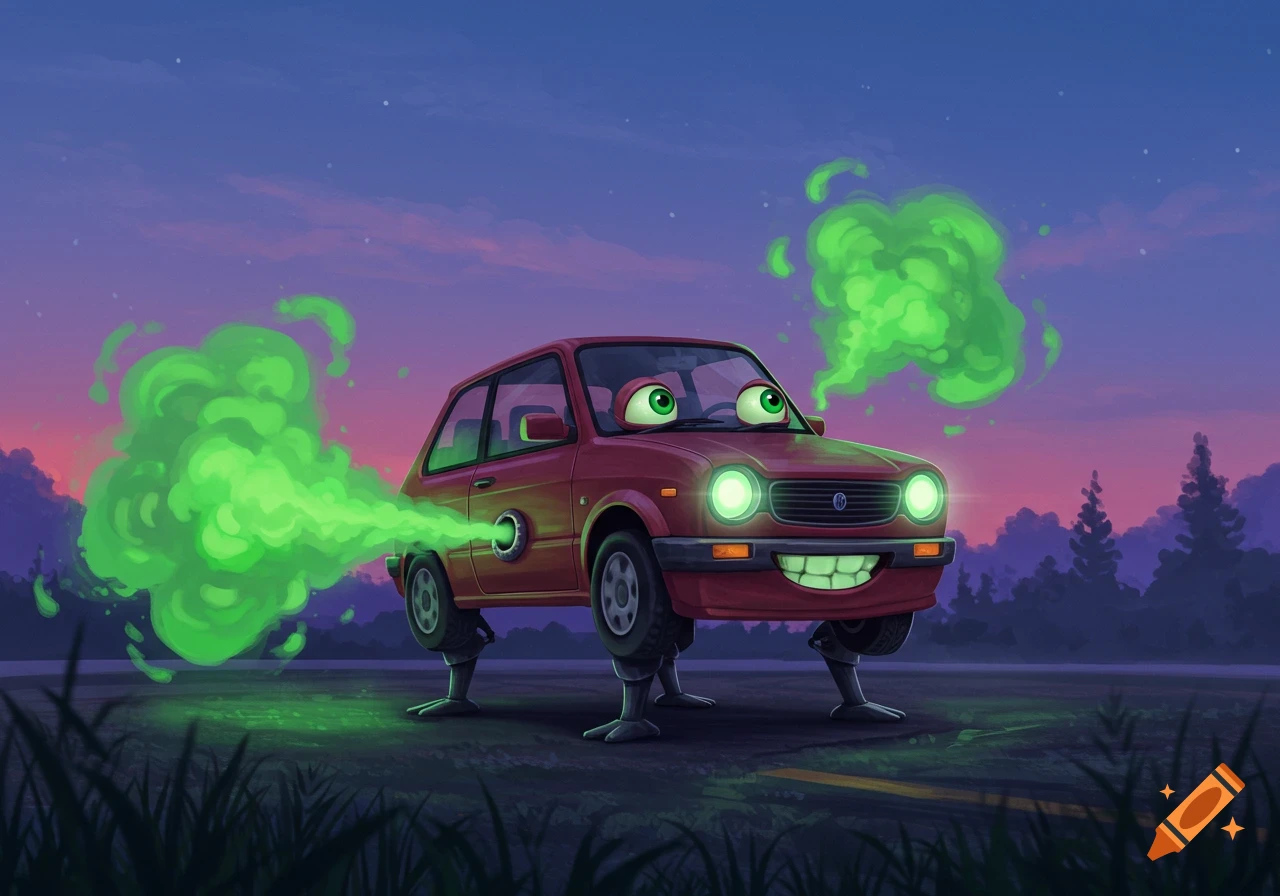 A cartoonish red car with green eyes, a wide smile, and four legs stands on a road at dusk, emitting green gas.