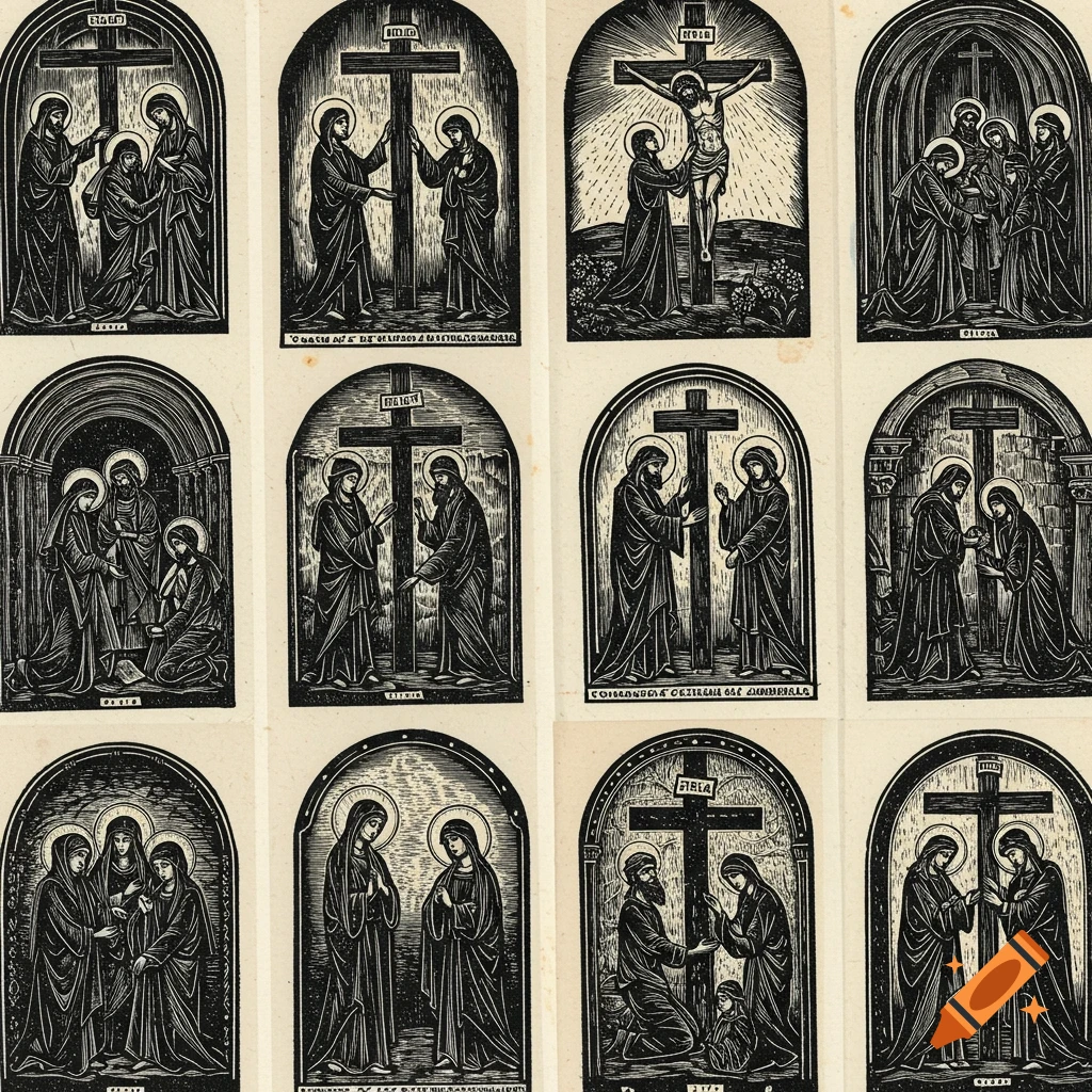 A grid of twelve wood engraving prints depicting various scenes from the Stations of the Cross, featuring robed figures and crosses.