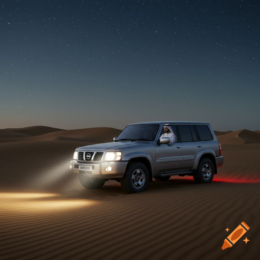 A man in traditional Arab attire drives a silver SUV through a desert at night under a starry sky, headlights illuminating the sand.