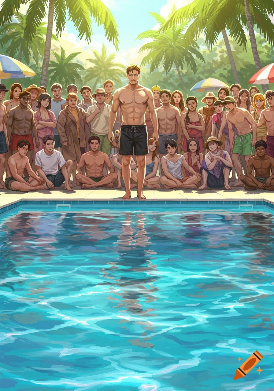 A shirtless man in black swim trunks stands at the edge of a swimming pool, surrounded by a large crowd of diverse people, under palm trees. Illustrated style.