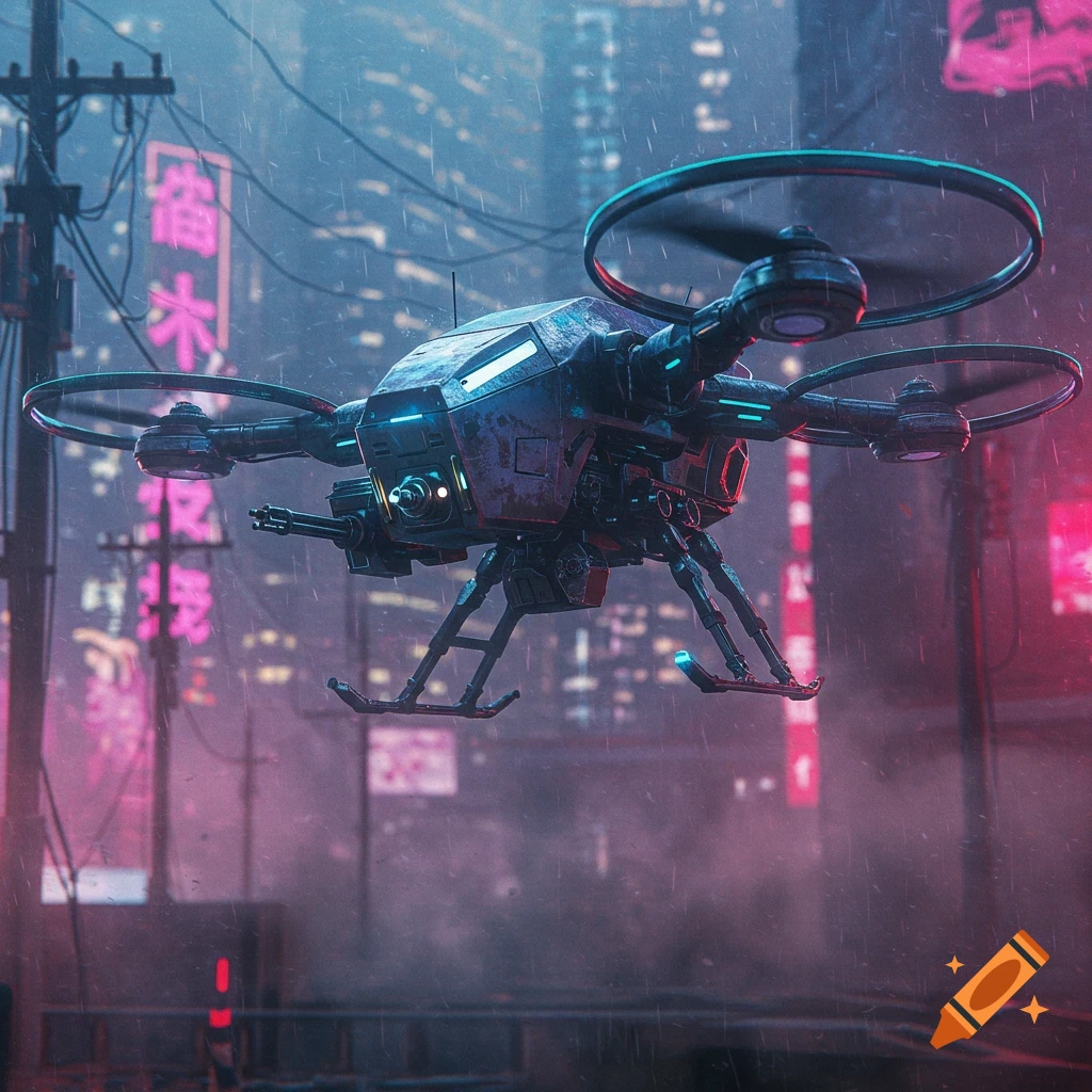 A heavy armored quadcopter drone with a machine gun turret flies through a rainy, neon-lit cyberpunk city at night.