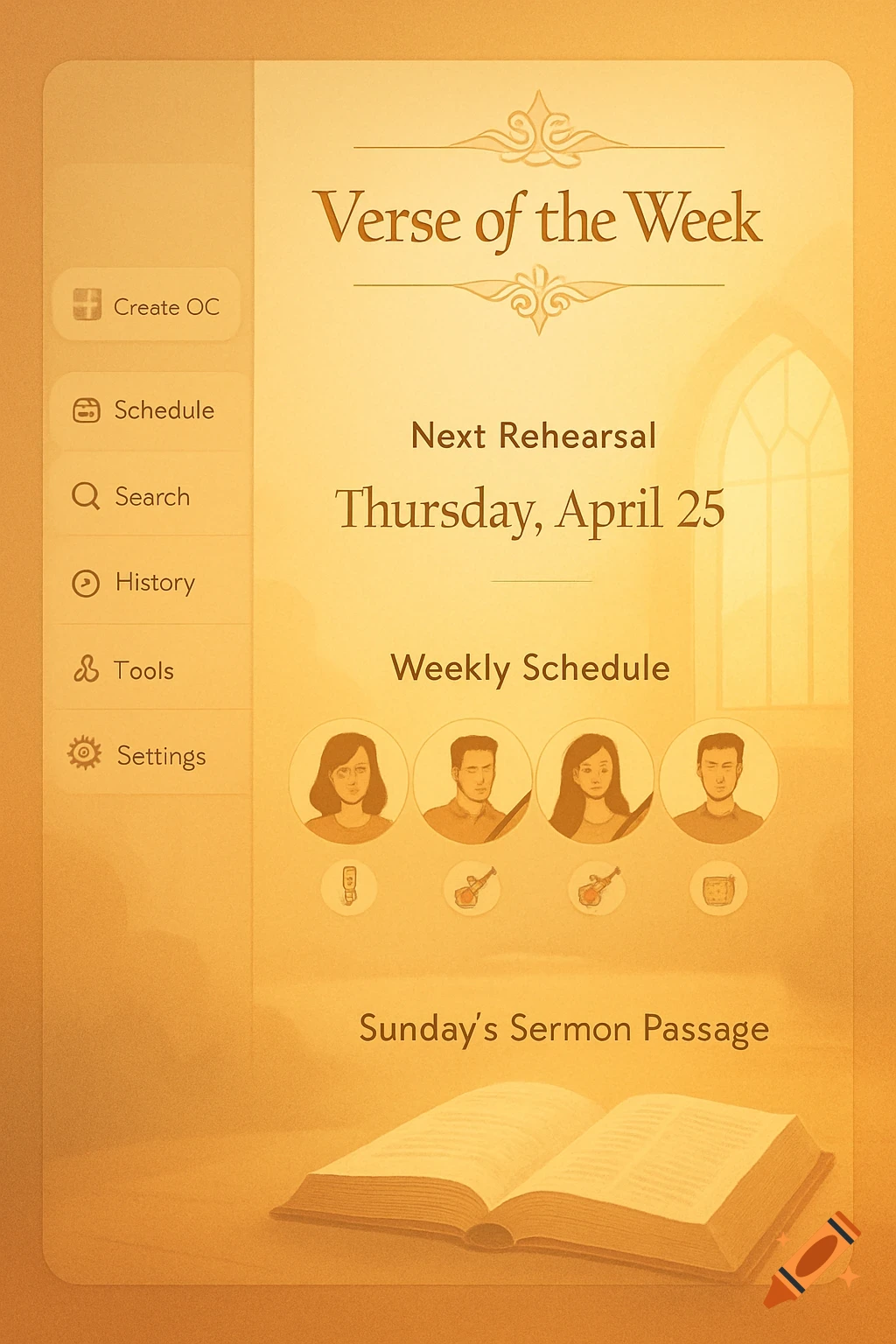 A mobile app UI for a Christian worship team, featuring a 'Verse of the Week', next rehearsal date, weekly schedule, and an open Bible.