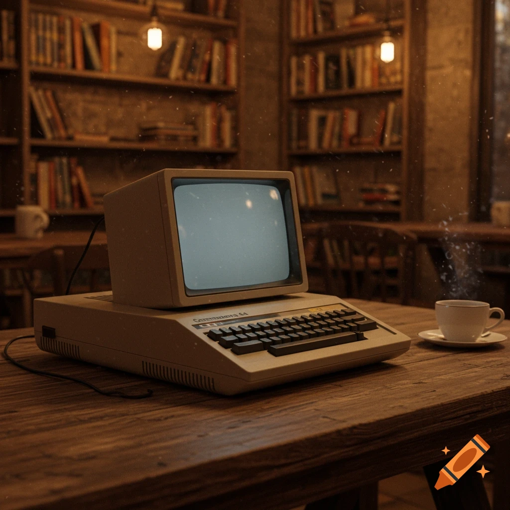 A vintage Commodore 64 computer on a wooden table in a dimly lit library, with a steaming coffee cup nearby.