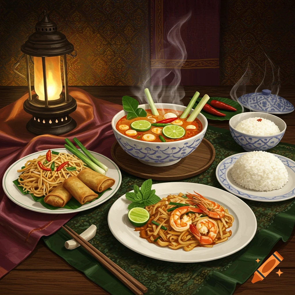 A spread of traditional Thai food, including noodles, soup, spring rolls, and rice, on a table with a lit lantern.