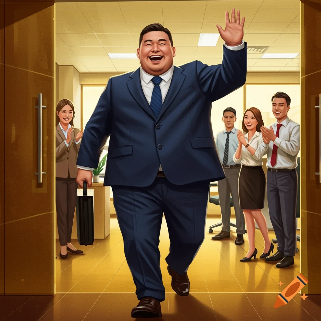 A happy chubby male boss in a blue suit waves to his cheering employees as he walks into an office, digital illustration.