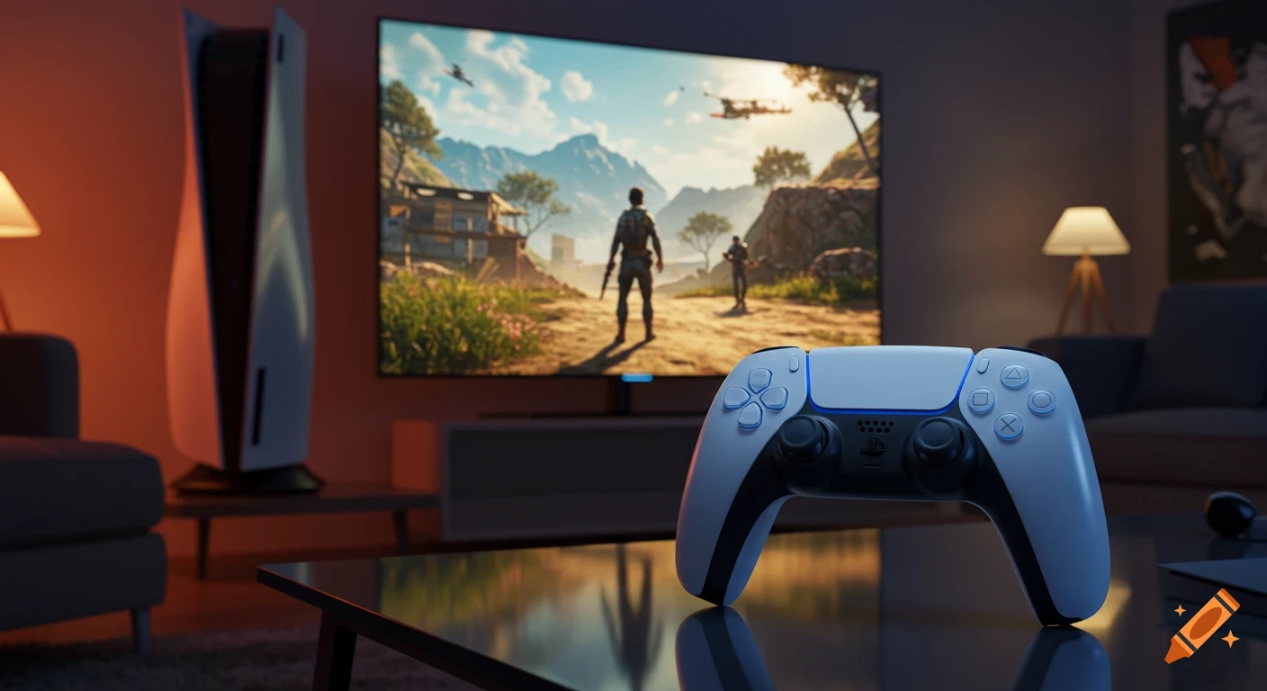 A white PS5 controller rests on a coffee table, with a PlayStation 5 console and a TV displaying an action game in the background.
