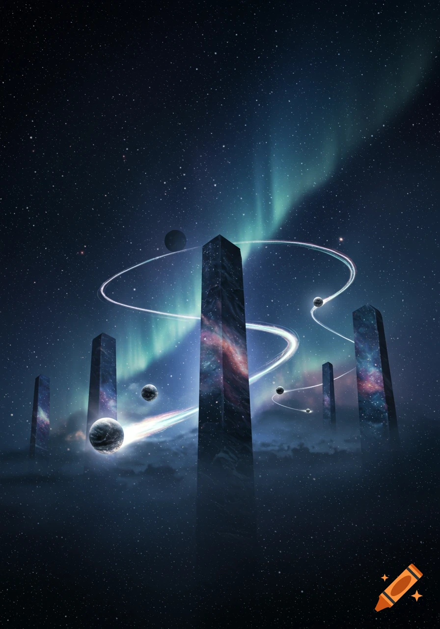 A cosmic landscape with monolithic structures, orbiting planets, glowing trails, and an aurora in a starry night sky.