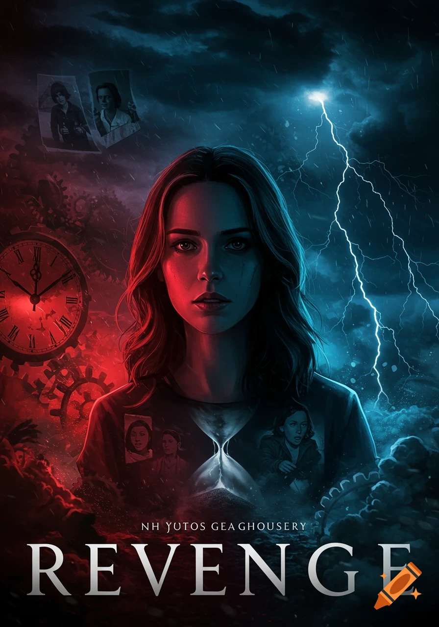 A dramatic poster featuring a serious woman in split red and blue light, surrounded by a clock, gears, an hourglass, lightning, and rain, with the title REVENGE.