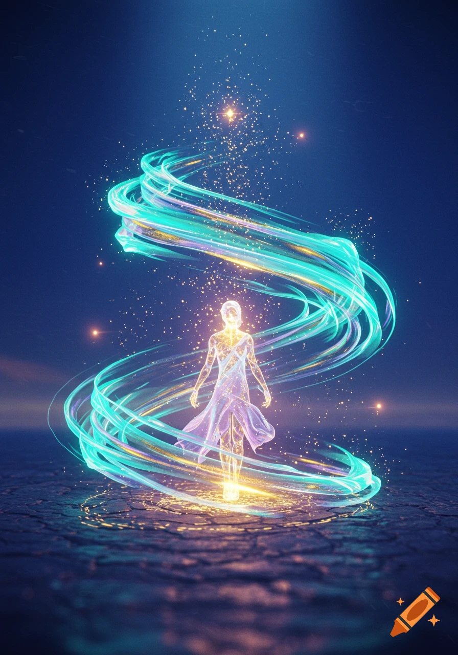 A glowing, ethereal human-like figure stands amidst swirling teal and gold light particles on a dark, cracked surface.
