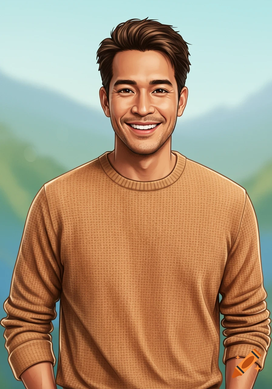 Digital illustration of a smiling, approachable man in a brown sweater against a blurry outdoor background.