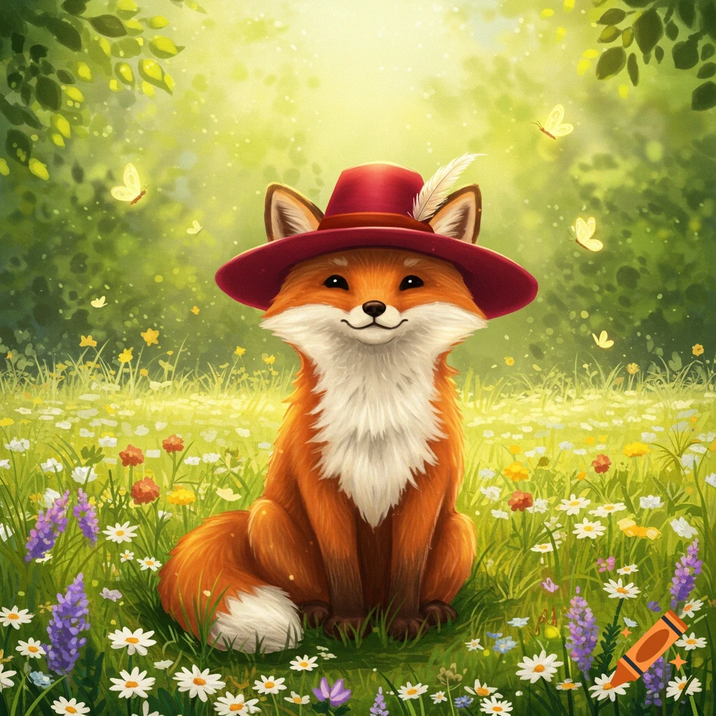A cute, cartoonish fox wearing a red hat with a feather sits in a vibrant field of wildflowers with butterflies, in an illustrative style.