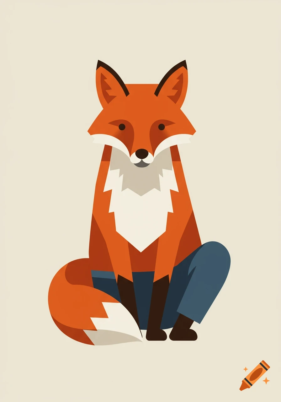 A geometric illustration of an orange fox with a white chest, sitting on a light background, wearing blue pants.