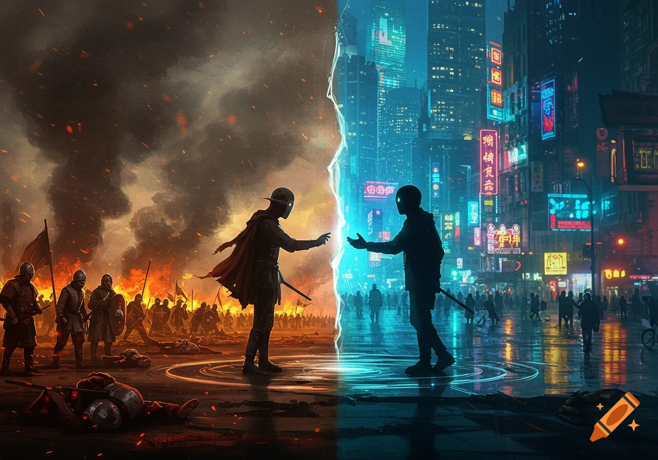 A split image showing a medieval warrior on a fiery battlefield on the left and a futuristic figure in a neon-lit city on the right, reaching across a glowing rift.