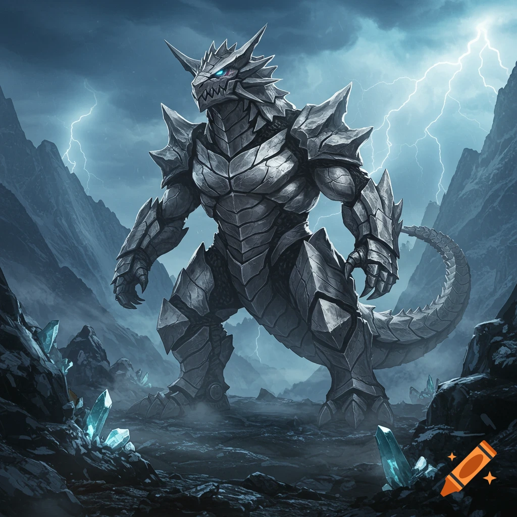 Mega Aggron, an armored gray dinosaur-like pok\u00e9mon, stands amidst glowing blue crystals in a stormy mountain landscape with lightning.