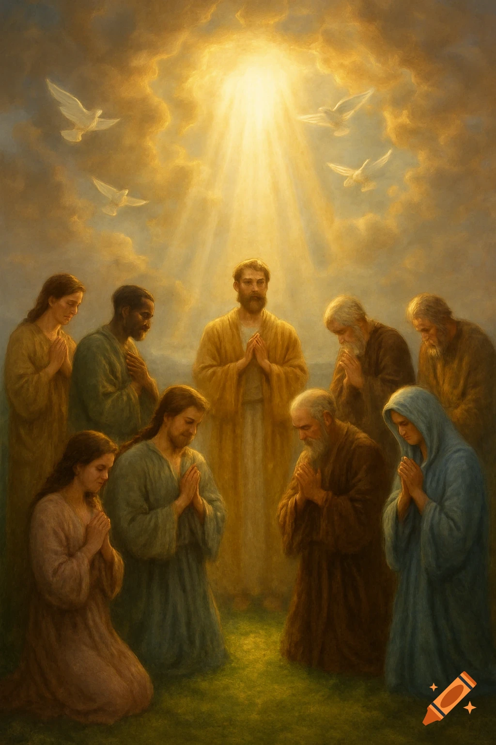 A classical painting depicts a group of robed figures kneeling and standing in prayer under a bright light from heaven, with doves flying in the clouds.