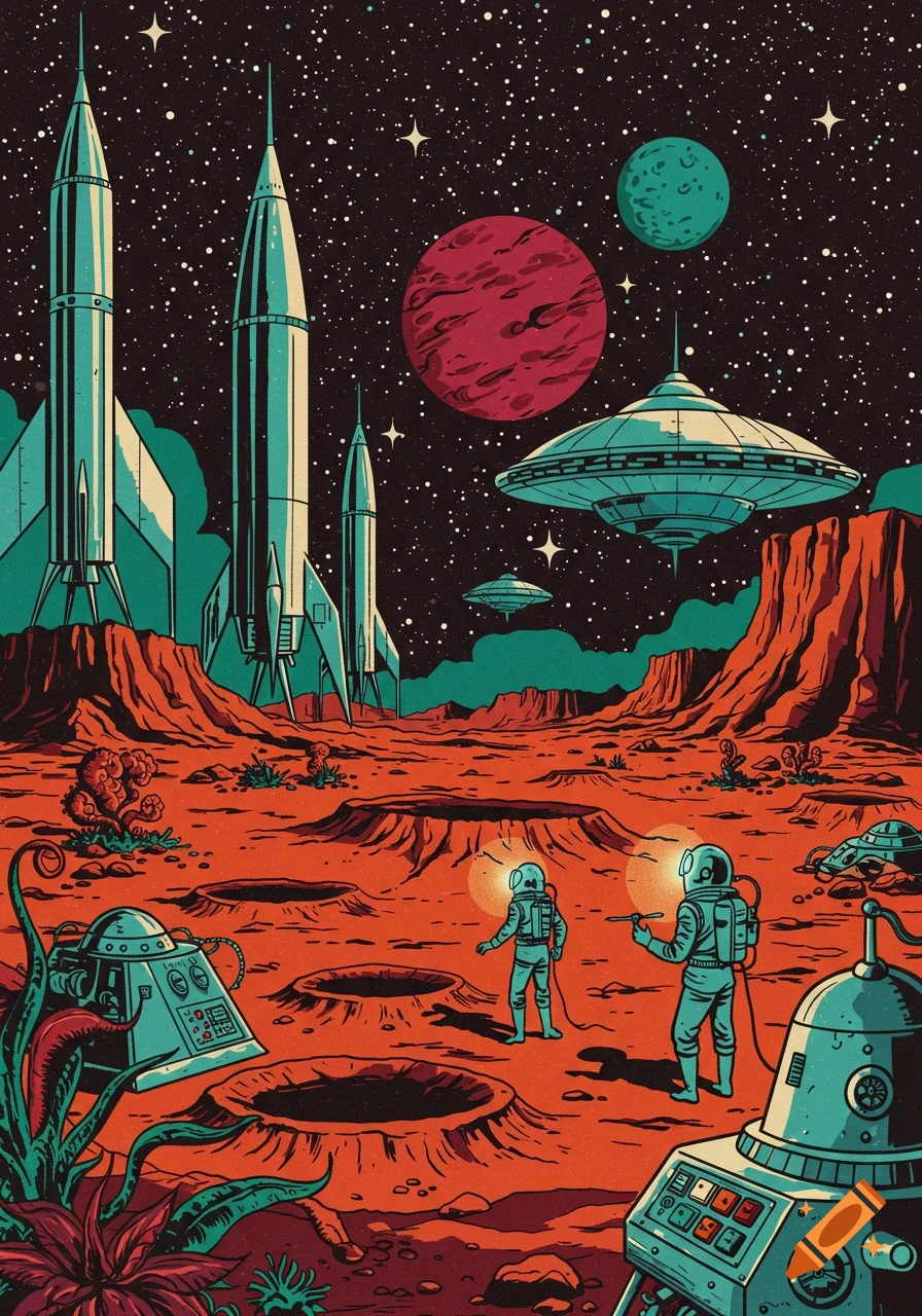 Retro comic art of two astronauts exploring a red alien planet with rockets, UFOs, and planets in the starry sky.